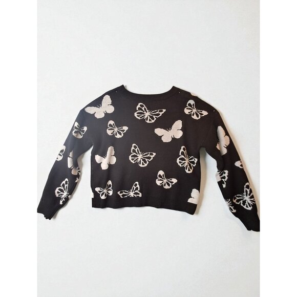 No Boundaries Black/White Crewneck Sweater with Butterfly Design, Size Large (11 - Picture 3 of 14